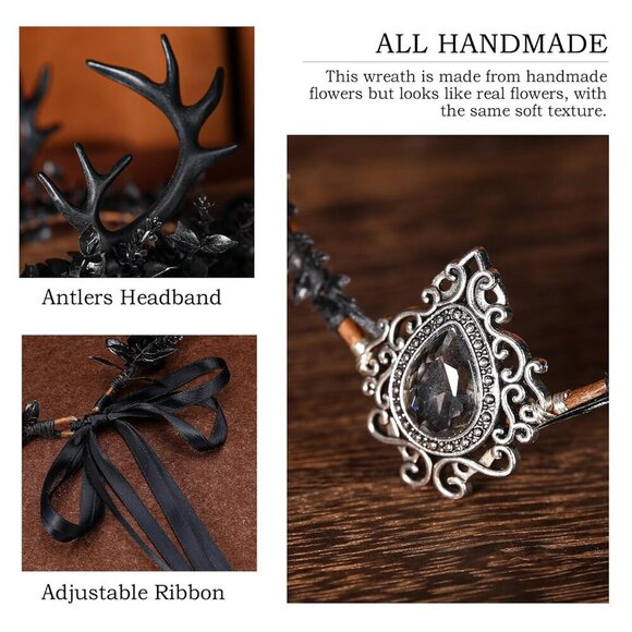 Black Flower Antler Crown Gothic Elf Headpiece Renaissance Faire Accessory